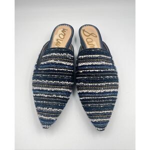 Sam Edelman Ansley Tweed Mules Navy Blue Stripe SlipOn Pointed Toe Shoe Size 9.5